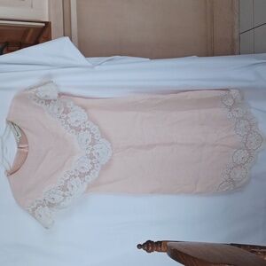 Vtg Town & Country Pink Lace Dress Linen Blend  Sz L, 21" PTP, 17"Waist, 46" L